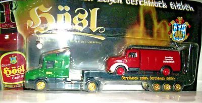 Buy (11-C) 2 Trucks, Hösl Beers, Scania Low Loader Loaded With Magirus Fire Brigade, H0 • 2.57£