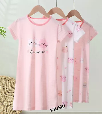 Buy Girls Nightwear Short Sleeve Nightdress Cute Cat Kids Pyjamas Age 2-13 Years • 6.53£