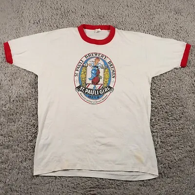 Buy Vintage St Pauli Brewery T Shirt Men Size XL White Signal Single Stitch 80s USA • 9.40£