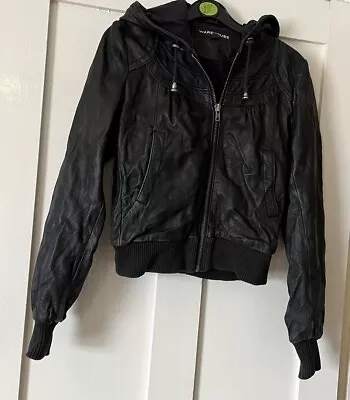 Buy Warehouse Soft Black Leather Ribbed Hem Hooded Bomber Jacket UK8 • 19.99£