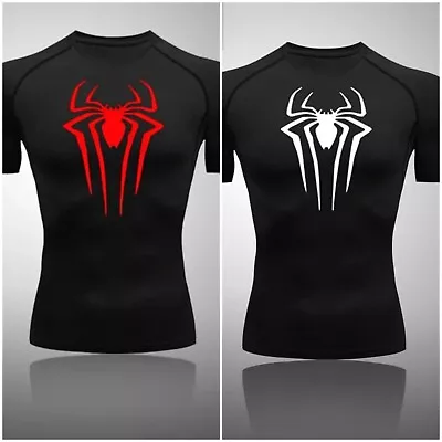 Buy Men's Short Sleeve Spider Print T-Shirt Summer Workout Gym Training Sport Wear • 12.99£