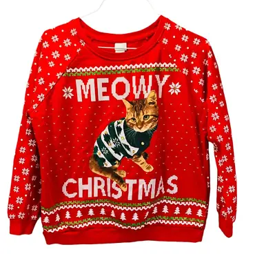 Buy Freeze  Meowy Christmas  Red W/White Snowflake CAT Christmas Sweatshirt Sz Large • 20.78£