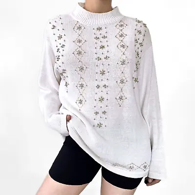 Buy Vintage OHI Beaded Sweater Size L Snowflake Christmas Gold Silver Mock Neck • 28.30£