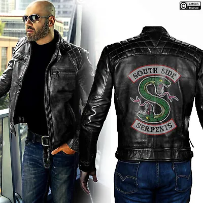 Buy Men's Black Southside Serpents Riverdale Classic Biker Genuine Leather Jacket • 599.99£