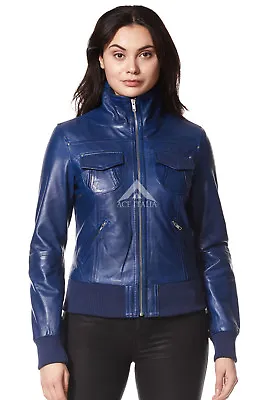 Buy 'FUSION' Ladies Blue WASHED Leather Jacket Bomber Biker Motorcycle Style 3758 • 95.80£