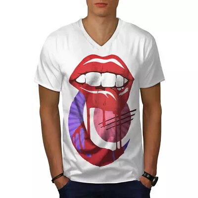 Buy Wellcoda Lips Abstract Art Mens V-Neck T-shirt, Bloody Graphic Design Tee • 15.99£