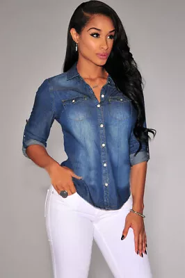 Buy Womens Denim Jeans Shirt Tops Long Sleeve Button Jacket Plus Size Shirt UK • 12.99£