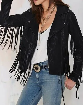 Buy Womens Cowhide Leather Black Fringe Native American Western Style Cowboy Jacket • 139.99£
