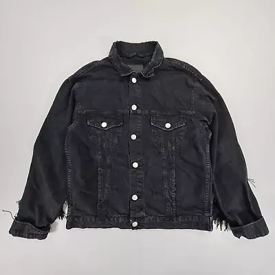 Buy ZARA Womens Denim Jacket Black Small Fringe Distressed Button Front • 16.99£