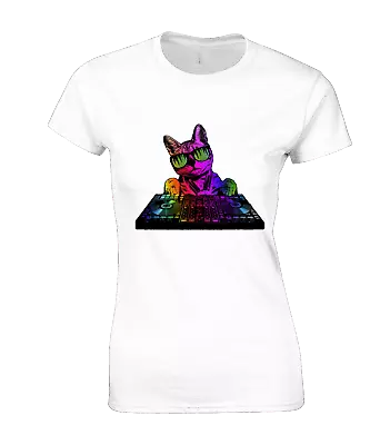 Buy Cat Dj Ladies T Shirt Music Garage House Dance Kitten Animal Lover Cute Cool • 7.99£