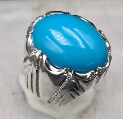 Buy Turquoise Man Ring Oval Shape Stone 925 Sterling Silver Size 9 Feroza Jewelry • 240.25£