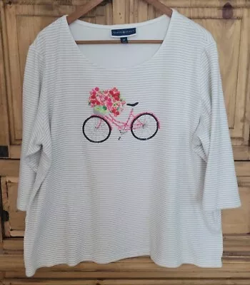 Buy KAREN SCOTT T-Shirt/Top-2X-Women's White/Grey Striped-Pink Embellished Bicycle  • 25.08£