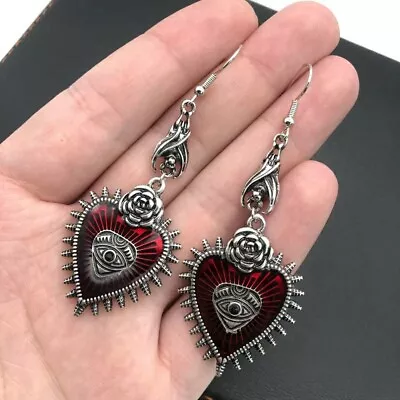 Buy Gothic Bat Red Earrings Heart Victorian Spike Silver Tone Long Witch Jewellery • 4.99£