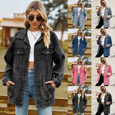 Buy Ladies Oversized Pokcet Denim Jacket Casual Baggy Midi-Length Jeans Outwear Coat • 25.19£