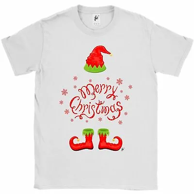 Buy Merry Christmas & Snowflakes Elf Wearing Hat & Boots Mens T-Shirt • 8.99£