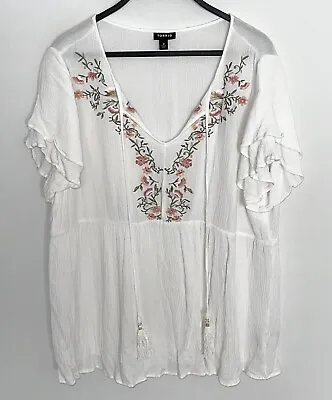 Buy TORRID 2 Floral Embroidered Tunic Top Crinkle Tassels Boho Peasant White Plus 2X • 17.36£