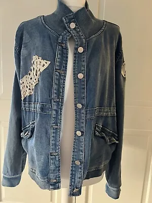 Buy Denim Cut Bomber Jacket With Ivory Real Leather Cutwork Patches Sz XL • 15£