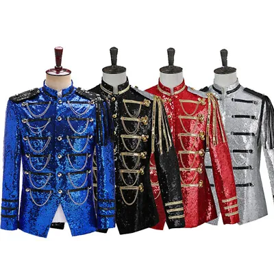 Buy Men Shiny Sequin Hussar Jacket Military Drummer Steampunk Parade Suit Blazer Top • 65.82£