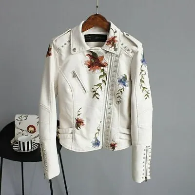 Buy Women Floral Print Embroidery Faux Soft Leather Jacket Casual Punk Outerwear Top • 30.13£