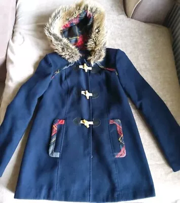 Buy Miss Selfridge Navy Blue Tartan Fur Trim Hood Duffle Coat Size 8 • 35£