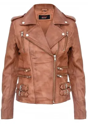Buy Ladies Retro 100% Nappa Real Leather Biker Jacket Tan Soft Multi Zip Short Coat • 49.99£