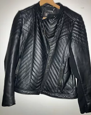 Buy Badgley Mischka Women’s Black Leather Biker Jacket Size 8 - 10 Small Chevron • 24.99£