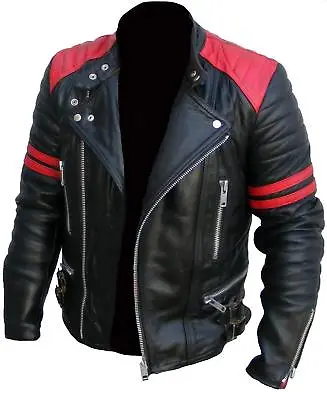 Buy Men's New Classic Red And Black Genuine Leather Biker Cafe Racer Jacket • 79£