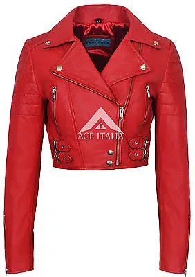 Buy Ladies Leather Jacket Red Cropped Fashion Fitted Red Biker Style NAPA JACKET  • 82.93£