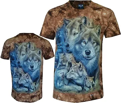 Buy Wolves & Cute Pups Cabin Mountain Glow In Dark Wolf Pack Tie Dye T-Shirt By Wild • 15.99£