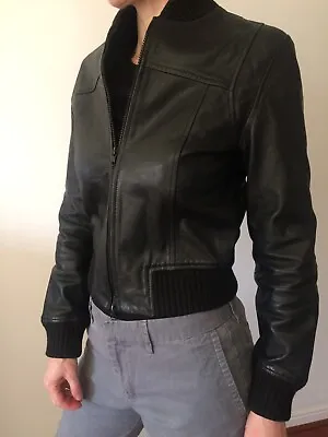 Buy Zara Trafaluc Women's Medium 10 Black 100% Genuine Real Leather Bomber Jacket Ex • 24£