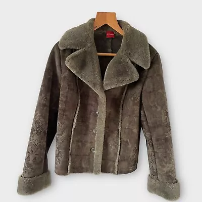 Buy Olsen Jacket Coat Size 12 Khaki Green Grey Floral Print Faux Fur Boho Retro • 22.99£