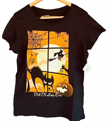 Buy Tees T-shirt Large 12 - 14 All Hallows Eve Witch Spider Bats Moon Cat Halloween • 13.16£