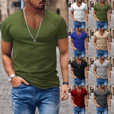 Buy Mens Gym V Neck Muscle T Shirt Men Summer Short Sleeve Holiday Slim Fit Tops • 10.89£