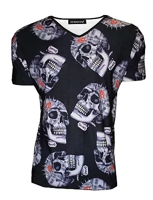 Buy Men's Gothic Tartan Spikes Punk Skulls Print V Neck T-shirt Top Goth Punk Emo • 21.99£