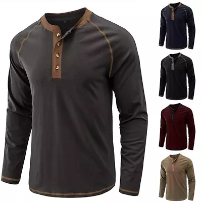 Buy Men's Raglan Sleeve Henley Shirt Long Sleeve Casual Cotton T Shirt M Black • 19.97£