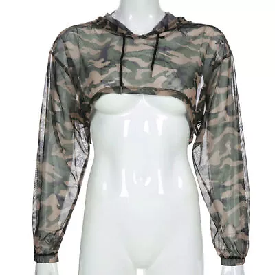 Buy Women Pullover Crop Tops Hoodie Shirt Camouflage Sheer Long Sleeve T-shirt Top • 16.79£