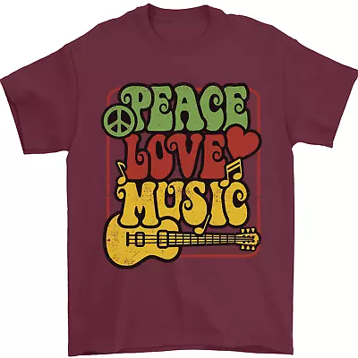 Buy Peace Love Music Guitar Hippy Flower Power Mens T-Shirt 100% Cotton • 8.49£