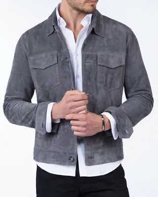 Buy Mens Gray Leather Trucker Jacket Pure Suede Custom Made Size S M L XL 2XL 3XL • 144.96£