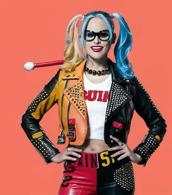 Buy Women Harley Quinn Cosplay Sheepskin Leather Jacket - Stylish Colorful Design • 271.48£