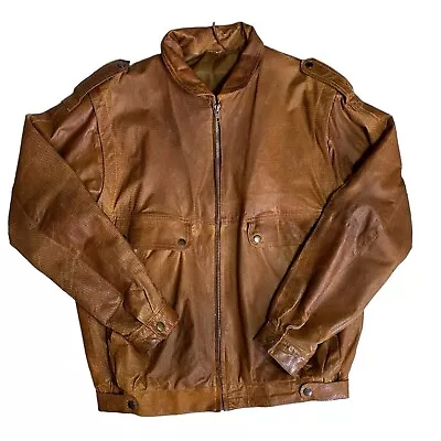 Buy Vintage Tan Leather Jacket Textured Men’s Size Large Bomber Outwear Collard • 24.99£