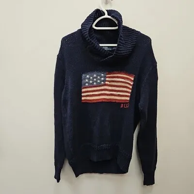 Buy Ralph Lauren Polo Vintage Big Logo Flag USA Navy Cardigan Jumper Sweater Size M • 99.99£