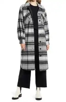 Buy Halogen Long Plaid Shirt Jacket Black Grey Park Plaid Wool Blend Oversized XS • 40.07£
