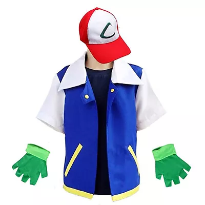 Buy Mens Pokémon Cosplay Ash Katchum Costume Jacket Gloves Hat Set Trainer Halloween • 24.03£