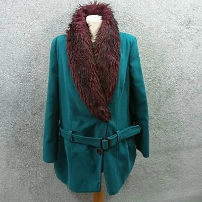 Buy Emerald Green Wooly Coat Tie Waist Belted Burgundy Faux Fur Neck Y2k Uk 18 • 16.49£