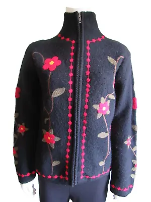 Buy Pure & Simple Way Of Life Black Multi Wool Floral Embroidery Zip-up Cardigan S • 37.01£