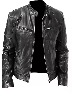 Buy Mens Retro Casual Leather Jacket Fashion Cafe Racer Slim Fit Motorbike Coat • 24.98£