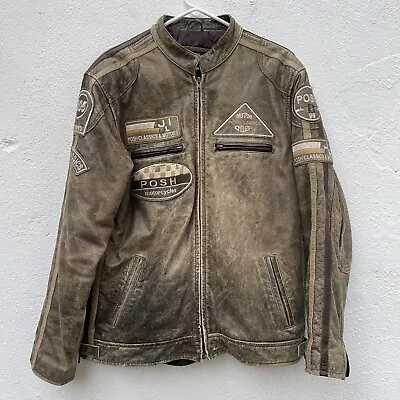 Buy Posh London Leather Motorcycle Jacket Mens Extra Large Tan Distressed Moto Retro • 83.99£