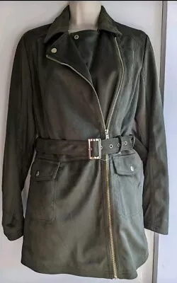 Buy New Look Khaki Olive Faux Suede Jacket Side Zip Belt Gold Accents Vegan UK10 • 22£