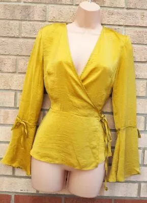 Buy Topshop Yellow Flare Tie Long Sleeve Wrap Belted Side Blouse T Shirt Top 6 Xs • 14.99£
