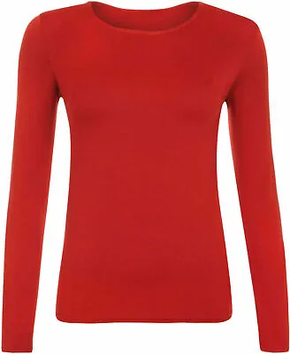Buy Womens Ladies Stretch Long Sleeve Plain Round Neck T-Shirt Top Casual   • 5.95£